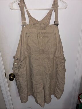 Vintage Venezia Khaki Beige Pinafore-Style Linen-Blend Jumpsuit